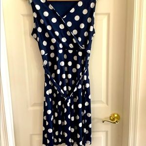 Navy polka dot wrap dress.
